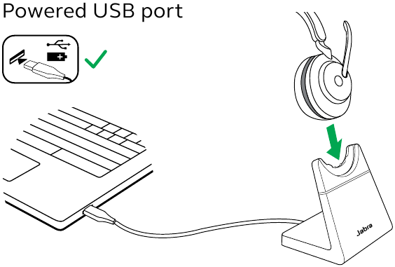 Jabra - Evolve2 65 - Aufladen mit der Ladestation (optionales Zubehör) Aufladen mit der Ladestation (optionales Zubehör)