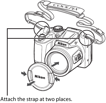 Nikon - COOLPIX B500 - Anbringen des Kameragurts und des Objektivdeckels Schritt 5 Anbringen des Kameragurts und des Objektivdeckels Schritt 5
