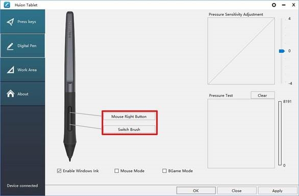 HUION - HS64 - Einstellung der Stifttastenfunktionen Einstellung der Stifttastenfunktionen