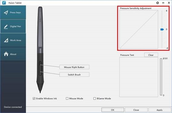 HUION - HS64 - Einstellung der Druckempfindlichkeit Einstellung der Druckempfindlichkeit