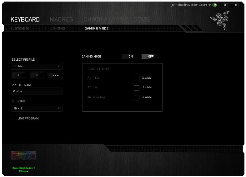 RAZER - BLACKWIDOW X CHROMA - Registerkarte Gaming-Modus Registerkarte Gaming-Modus