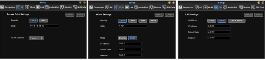 Midas - MR18 - Setup-Menü - Access Point-, WLAN-, LAN-Registerkarten Setup-Menü - Access Point-, WLAN-, LAN-Registerkarten