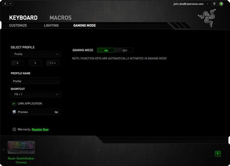 Razer - DeathStalker Chroma - Gaming-Modus Tab Gaming-Modus Tab