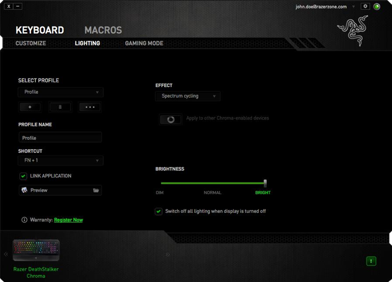 Razer - DeathStalker Chroma - Beleuchtungs-Tab Einstellungen Beleuchtungs-Tab Einstellungen