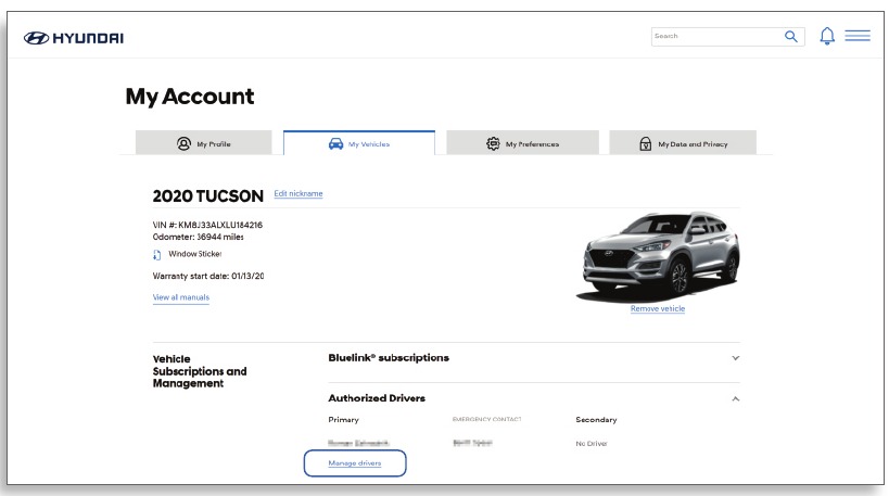 Hyundai - Bluelink - Bildschirm 'Mein Konto / Meine Fahrzeuge' Bildschirm 'Mein Konto / Meine Fahrzeuge'