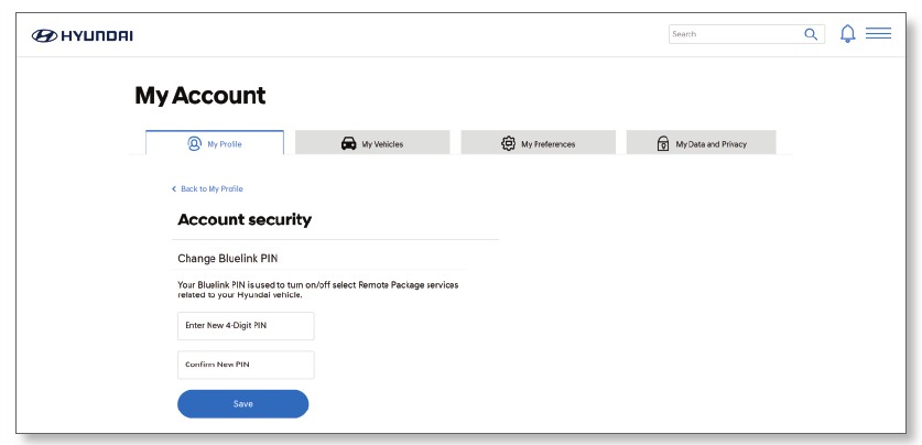 Hyundai - Bluelink - Bildschirm für die Einstellungen der Persönlichen Identifikationsnummer (PIN) Bildschirm für die Einstellungen der Persönlichen Identifikationsnummer (PIN)