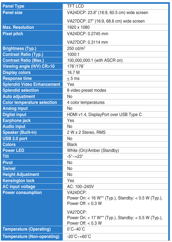 Asus - VA24DCP - Zusammenfassung der Spezifikationen - Tabelle 1 Zusammenfassung der Spezifikationen - Tabelle 1