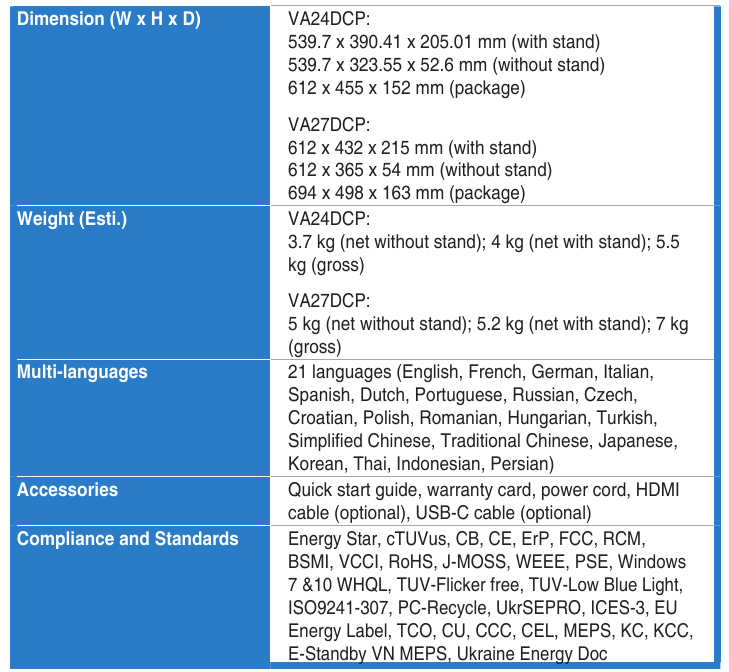Asus - VA24DCP - Zusammenfassung der Spezifikationen - Tabelle 2 Zusammenfassung der Spezifikationen - Tabelle 2