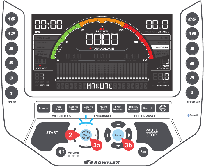 Bowflex - BXE226 - Training starten - Schritt 2 - User (Benutzer) Taste drücken Training starten - Schritt 2 - User (Benutzer) Taste drücken