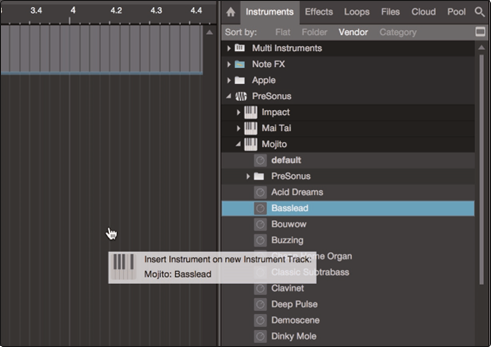 PreSonus - Studio 1810c - Virtual Instruments per Drag-and-Drop hinzufügen - Schritt 1 Virtual Instruments per Drag-and-Drop hinzufügen - Schritt 1
