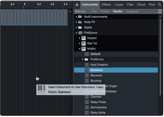 PreSonus - Studio 24c - Virtuelle Instrumente und Effekte hinzufügen - Schritt 1 Virtuelle Instrumente und Effekte hinzufügen - Schritt 1