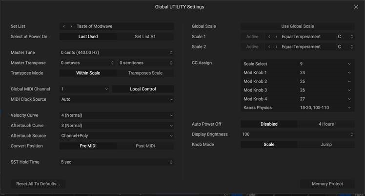 KORG - modwave - Globale UTILITY-Einstellungen bearbeiten - Standardeinstellungen wiederherstellen Globale UTILITY-Einstellungen bearbeiten - Standardeinstellungen wiederherstellen