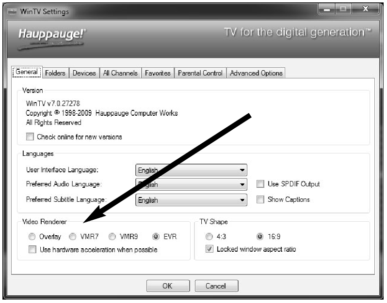 Einstellungen für WinTV v7 Video-Renderer
