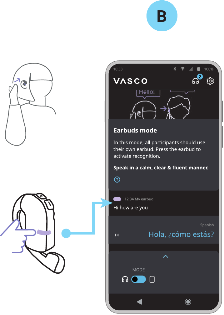 Vasco - E1 - Konversation - Ohrhörer-Modus - Schritt 3 Konversation - Ohrhörer-Modus - Schritt 3