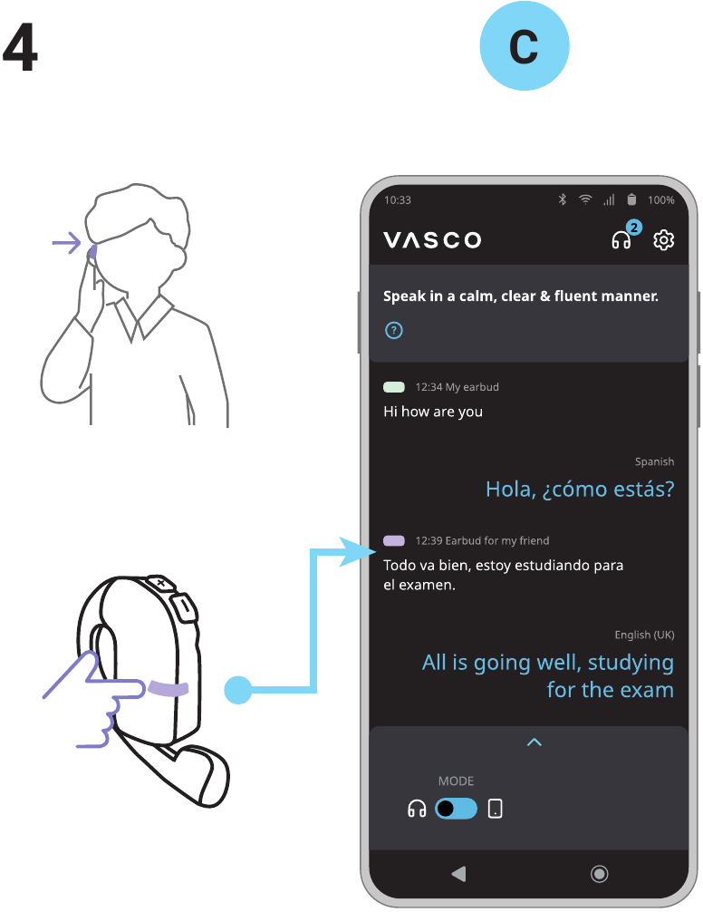 Vasco - E1 - Konversation - Ohrhörer-Modus - Schritt 4 Konversation - Ohrhörer-Modus - Schritt 4