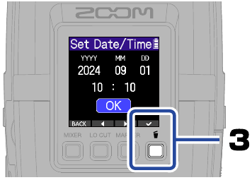 ZOOM - H2essential - Einstellungen/erstes Einschalten - Datum- und Uhrzeiteinstellungen - Schritt 3 Einstellungen/erstes Einschalten - Datum- und Uhrzeiteinstellungen - Schritt 3