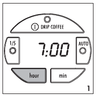 Ansicht der Kaffeemaschine mit markierter HOUR-Taste