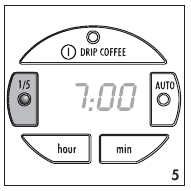 Ansicht der Kaffeemaschine mit markierter 1-5 Tassen-Auswahltaste