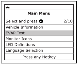 Screenshot des EVAP Test Men&uuml;punkts