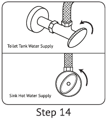 Wasserzufuhr zum Toilettensp&uuml;lkasten und Warmwasserzufuhr am Waschbecken aufdrehen