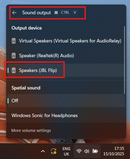 Liste der Audioausg&auml;nge, die JBL Flip 7 als ausgew&auml;hlt anzeigt