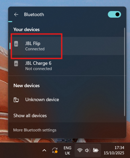 Liste, die JBL Flip 7 als ausgew&auml;hlt anzeigt