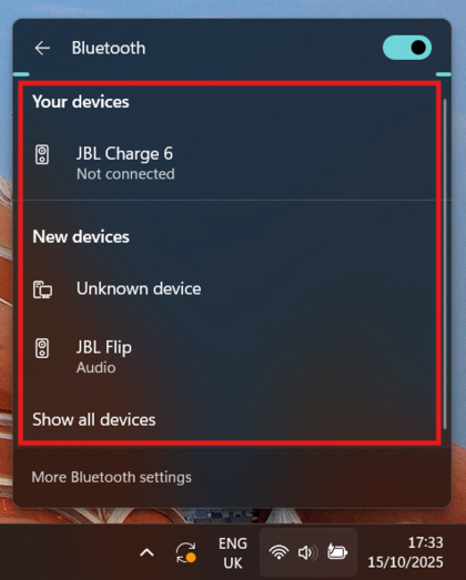 Windows-Bildschirm zum Hinzuf&uuml;gen von Ger&auml;ten, der JBL Flip 7 anzeigt