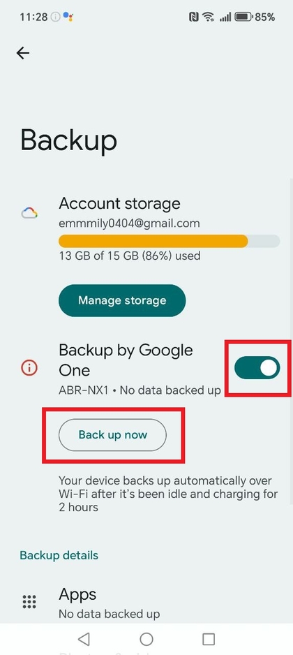 Google Backup-Fortschrittsbildschirm auf dem HONOR 400 Lite