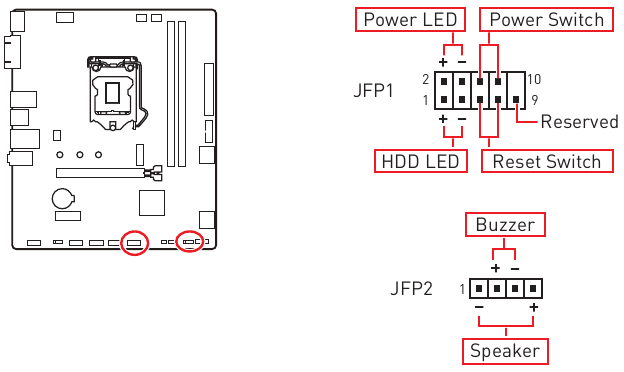JFP1, JFP2: Frontpanel-Anschl&uuml;sse