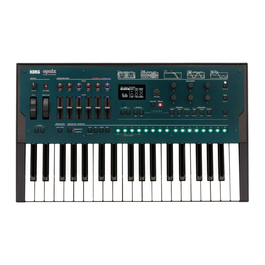 Ein Bild des Korg opsix Synthesizers, der die Benutzeroberfläche und die Tasten zeigt.